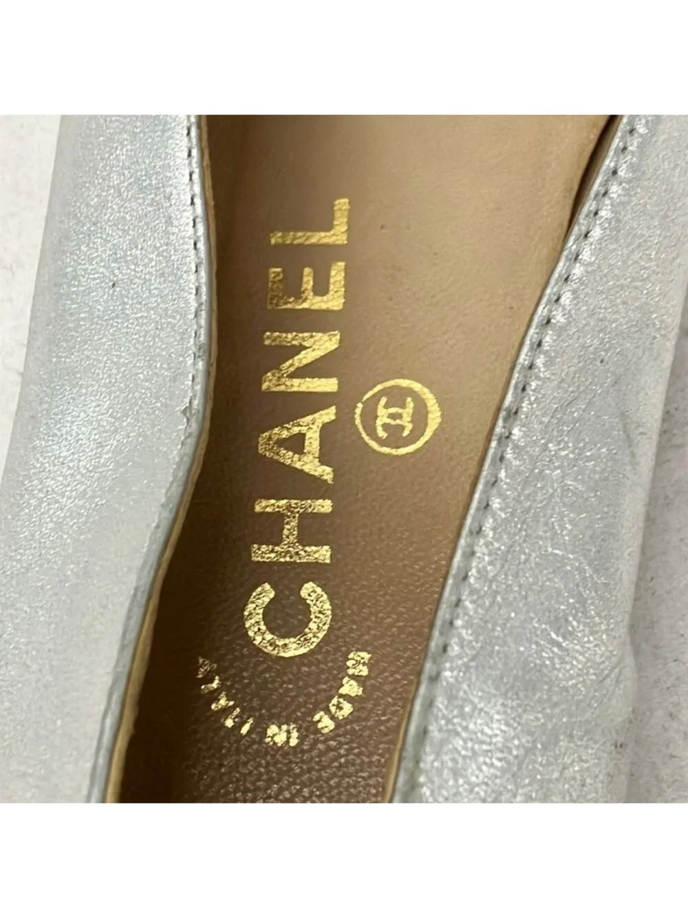 Chanel Flat Shoes Silver CC Logo Leather
